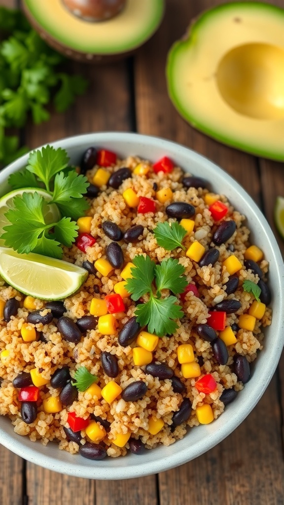 Easy Mexican Quinoa Bowl A colorful Mexican quinoa bowl with black beans, corn, bell peppers, garnished with cilantro and avocado on a wooden table.